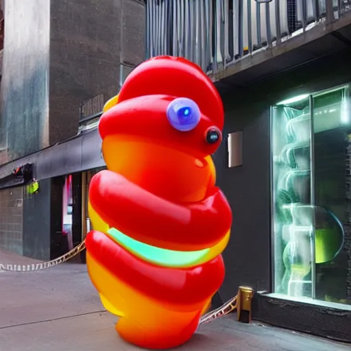 Image similar to a futuristic robotic gummi worm. dramatic product lighting. it's a gummi with extra juiciness. but it's also a worm. ick. in a magical side alley, the worm is on display in a trendy food truck display. digital reality.