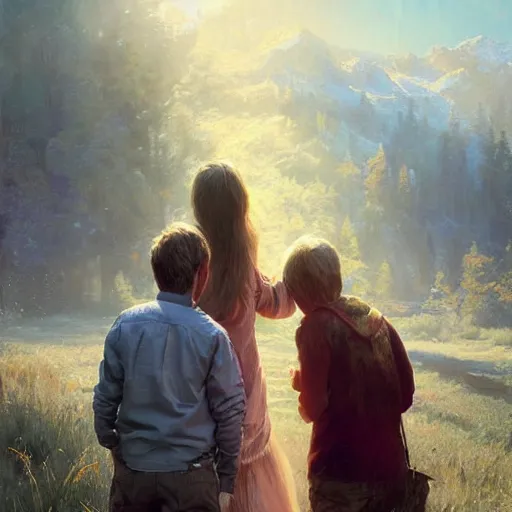 Image similar to epic masterpiece of cinematographic hyperrealism where a family of 3 happy people appears in an advanced technological world. realistic shaded lighting poster by craig mallismo, artgerm, jeremy lipkin and michael garmash, unreal engine, radiant light, detailed and intricate environment, digital art, art station trends