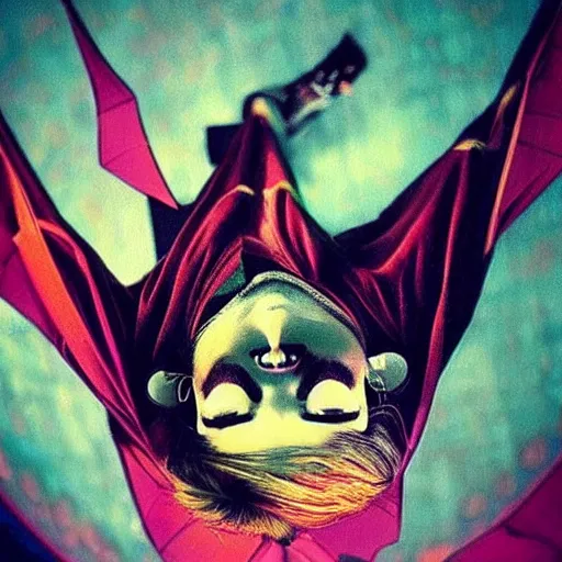 Prompt: a melancholic!! bat!!! hanging upside down from the ceiling, sad, psychedelic, beautiful composition, beautiful colors, sad, masterpiece