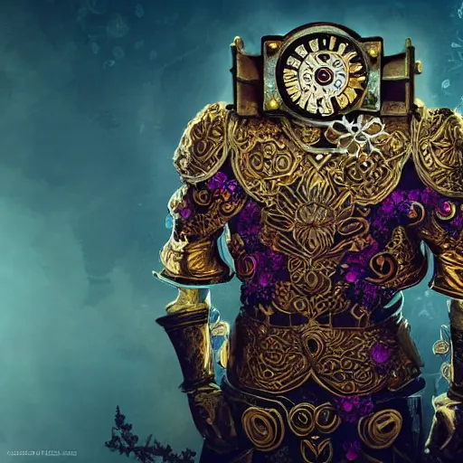 Image similar to a clockwork knoght wearing ornate wooden armor covered in flowers, brilliant colors, cinematic lighting