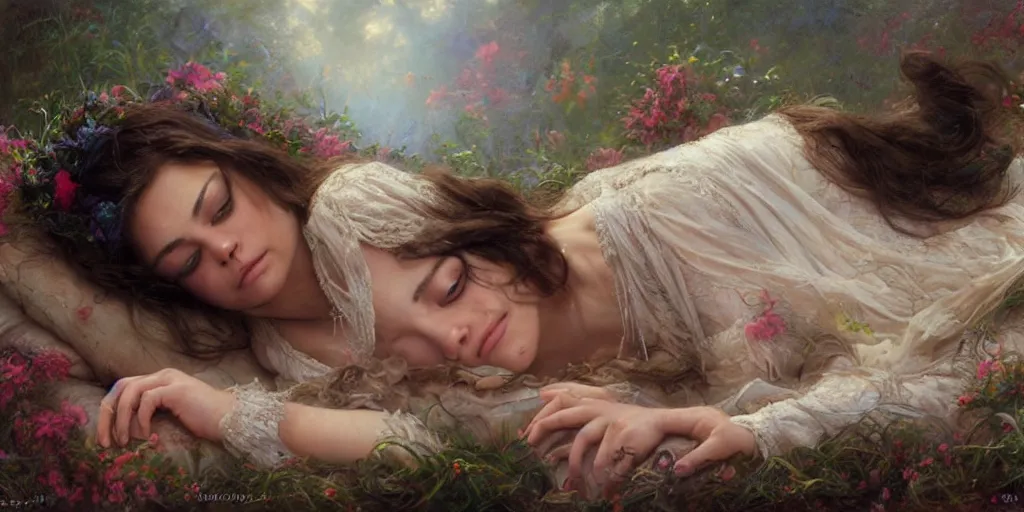 Image similar to Mila Kunis falling asleep, Lilia Alvarado, Sophie Anderson, Mark Arian, Bob Byerley, Charlie Bowater, Mark Brooks, Steve Henderson, Justin Gerard, Arthur Hughes, Edward Robert Hughes, Mark Keathley, Victor Nizovtsev, Carlos Shwabe, Ross Tran, WLOP