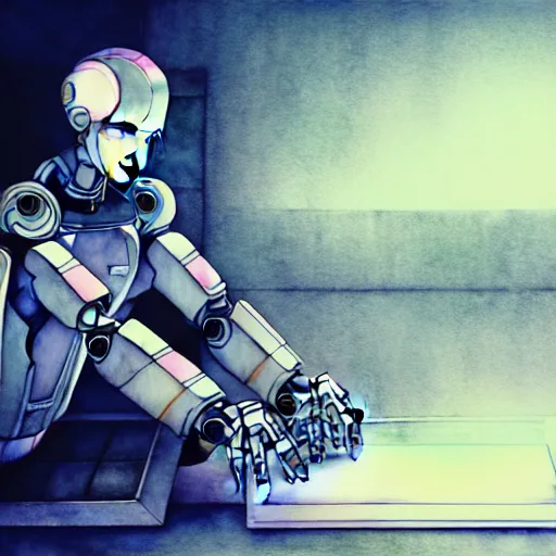 Image similar to a broken robot fixing itself, anime, pencil lines, light watercolour painting, pale sky, beautiful artwork, anime screenshot, tokyo