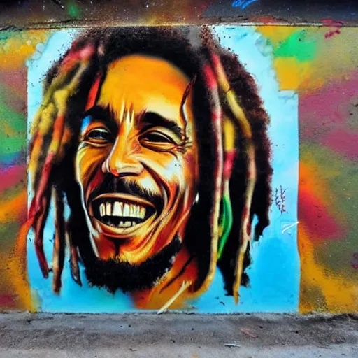 Prompt: Street-art portrait of Bob Marley in style of Banksy, photorealism