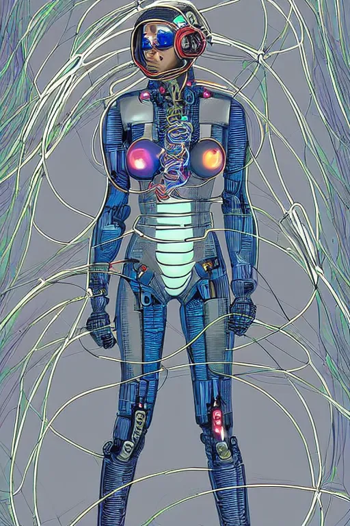 Image similar to A beautiful woman wearing a cybernetic helmet with many wires plugged into is and in her body by Moebius and Rahzzah