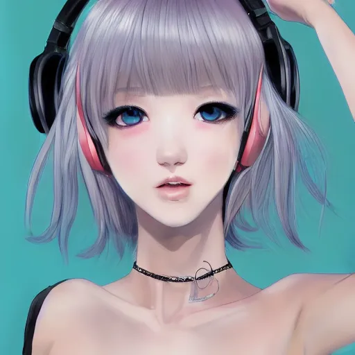 Prompt: realistic detailed semirealism beautiful gorgeous buxom hot girl natural cute excited happy Blackpink Lalisa Manoban white hair white cat ears blue eyes, wearing black camisole outfit, headphones, black leather choker artwork drawn full HD 4K high resolution quality artstyle professional artists WLOP, Aztodio, Taejune Kim, Guweiz, Pixiv, Instagram, Artstation