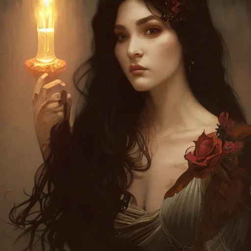 Prompt: portrait of a female necromancer, intricate, elegant, highly detailed, digital painting, artstation, concept art, smooth, sharp focus, illustration, art by artgerm and greg rutkowski and alphonse mucha and william - adolphe bouguereau