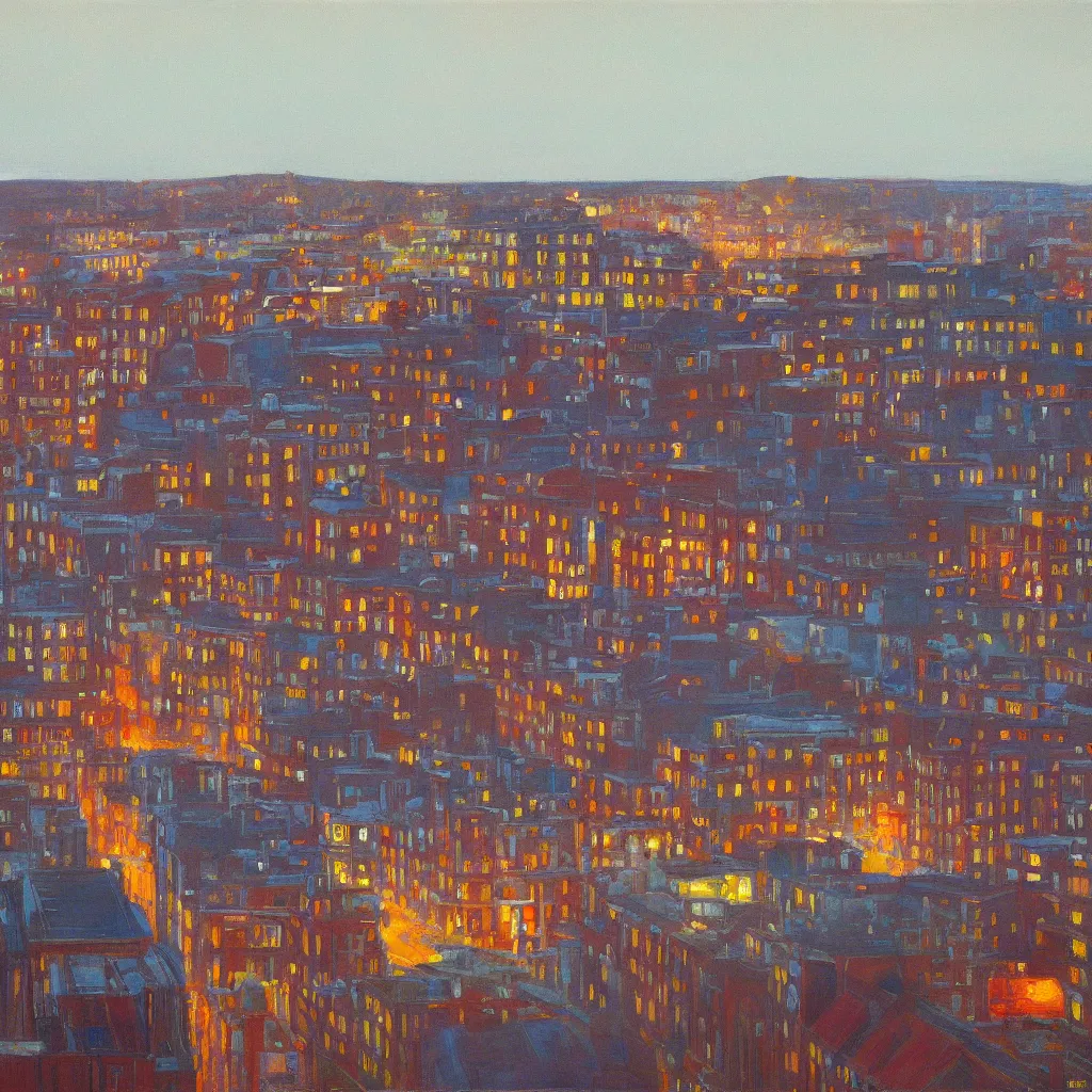 Image similar to rainy Brighton roof tops looking west, evening light, painted by Wayne Thiebaud