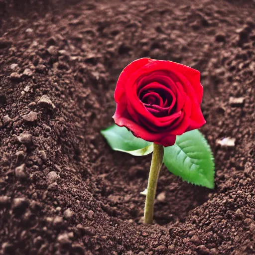 Image similar to a red rose, on a dirt grave, photography, faded