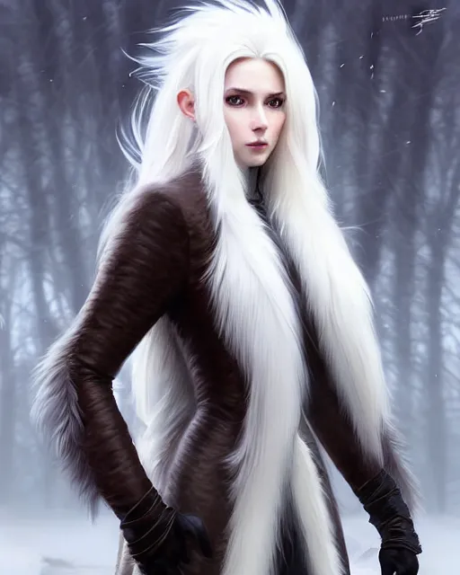 Image similar to dragon hunter wearing a fur - lined dragonhide jacket!!! beautiful and gorgeous elegant white long haired female!! symmetry, character concept art, sharp focus, illustration, art by artgerm! greg rutkowski magali villeneuve wlop! ilya kuvshinov!! charlie bowater! octane render, unreal engine 5! highly rendered!!