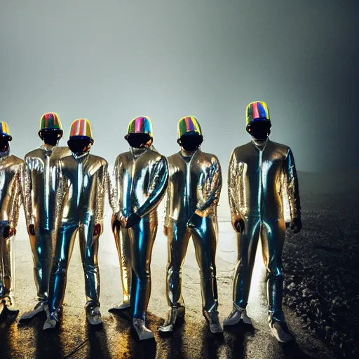 Image similar to unsplash contest winning photo, a giant crowd of men in full - body shiny reflective iridescent silver latex suits including masks and pants and shirts, inside a colorful dramatic unique rocky western landscape, low fog, neon light tube