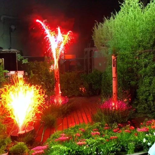 Image similar to small home garden with a rammstein concert pyrotechnics display