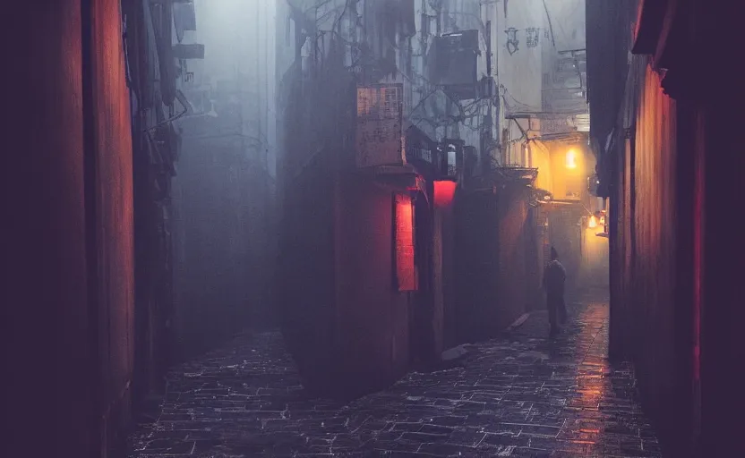 Image similar to dim lit, hongkong dark alley street with a man walking, depth of field, very atmospheric, matte painting, artstation