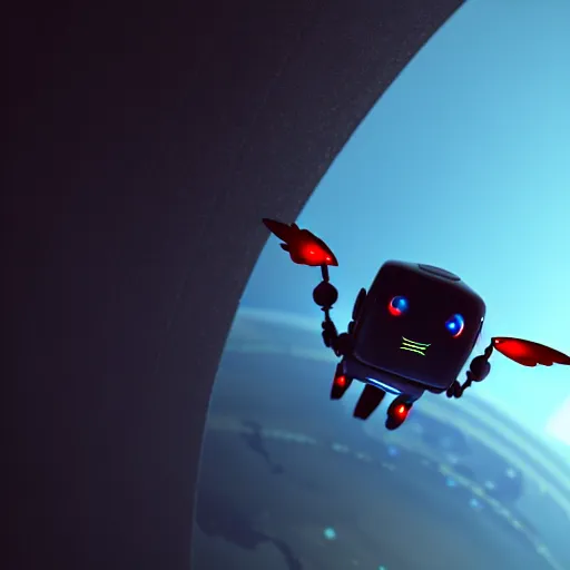 Prompt: a little cute robot flies around the earth. super realistic 8 k render of a dark hooded powerful elegant, cinematic composition