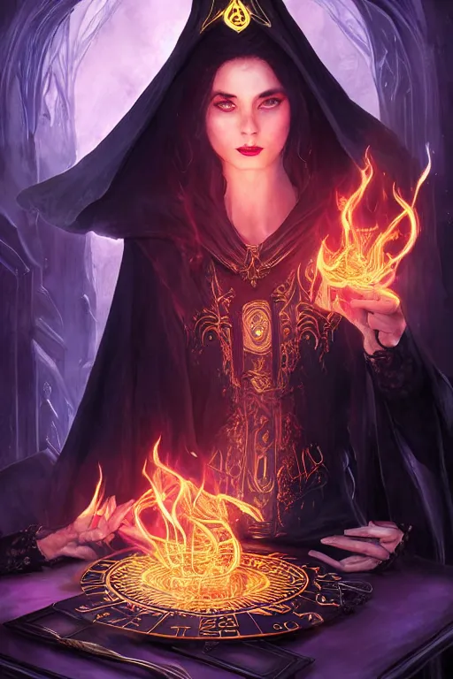 Image similar to a sorceress wearing a black robe with gold embroidery, sitting at table, casting a spell, glowing colored flames, painted by artgerm and tom bagshaw, in the style of magic the gathering, highly detailed digital art