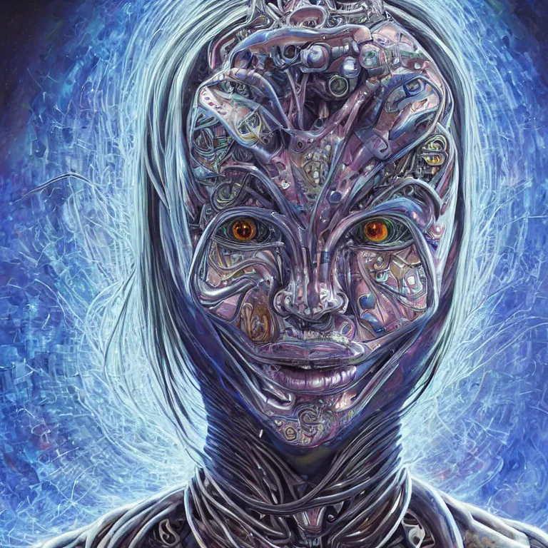 Prompt: perfectly centered portrait, front view of a beautiful biomechanical android alien robot, female, flowing hair, intense stare, sarcastic smile, symmetrical, concept art, intricate detail, volumetric shadows and lighting, cosmic background, realistic oil painting by alex grey,