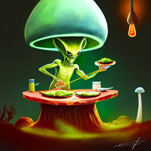 Image similar to alien mushroom chef cooking a meal, fantasy illustration, detailed digital painting, trending on artstation