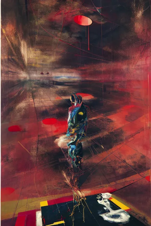 Prompt: the physical impossibility of death, in a brutalist designed space ship, rich deep colours, painted by francis bacon, adrian ghenie, james jean and petra cortright, part by gerhard richter, part by takato yamamoto. 8 k masterpiece