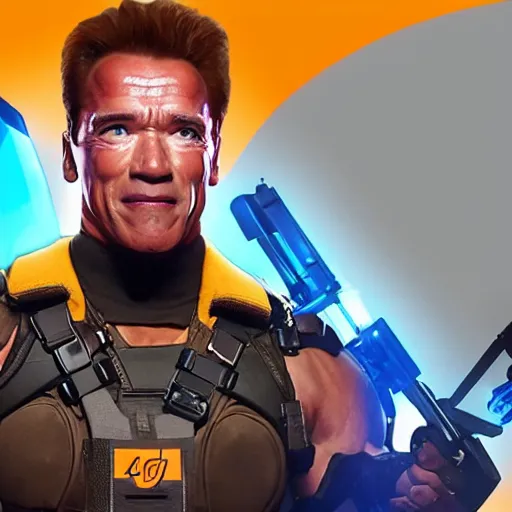 Image similar to a screenshot of arnold schwarzenegger as tracer in overwatch