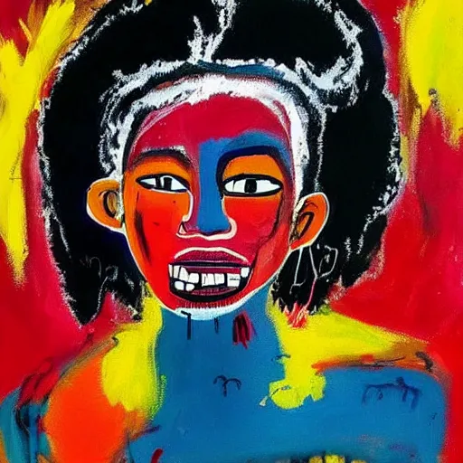 Image similar to A pretty attractive black woman with afro hair with white angel wings and black devil horns standing on earth, creative colors, full body, abstract jean-Michel Basquiat!!!!!!!! oil painting with thick paint strokes!!!!!!!!, oil on canvas, aesthetic, y2k!!!!!!, intricately!!!!!!!! detailed artwork!!!!!!!, trending on artstation, in the style of jean-Michel Basquiat!!!!!!!!!!!!, by jean-Michel Basquiat!!!!!!!!!!!, in the style of jean-Michel Basquiat!!!!!!!!!!!, in the style of jean-Michel Basquiat!!!!!!!!!!!, in the style of jean-Michel Basquiat!!!!!!!!!!!, in the style of jean-Michel Basquiat!!!!!!!!!!!, in the style of jean-Michel Basquiat!!!!!!!!!!!