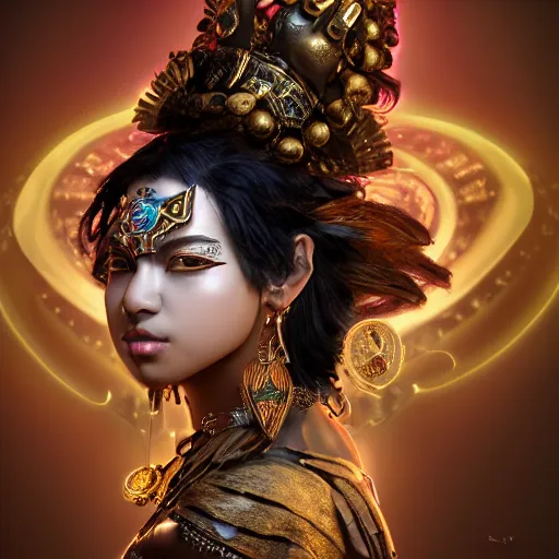 Image similar to the portrait, masked beautiful black aztec female violinist, exotic costumes, gold jewelry, black hair ， illustration by wenjun lin, irakli nadar, bright colors, octopath traveler, wenjun lin, unreal engine 5 highly rendered, global illumination, radiant light, detailed and intricate environment