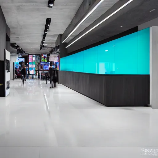 Prompt: interior photography of a futuristic luxurious Microsoft Samsung flagship store, black walls, wood, cyan accents, polished concrete, spotlights, verdant plant wall, white neon wash, award winning interior design, patterns and textures, retaildesignblog, dezeen, 14mm, 8k, cinestill, pentax, film