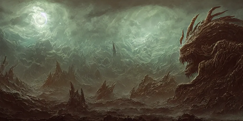 Image similar to concept art of giant kaiju, lovecraftian, roaring, melting horror, round moon, rich clouds, fighting the horrors of the unknown, mirrors, very detailed, volumetric light, mist, grim, fine art, decaying, textured oil over canvas, epic fantasy art, very colorful, ornate scales, anato finnstark