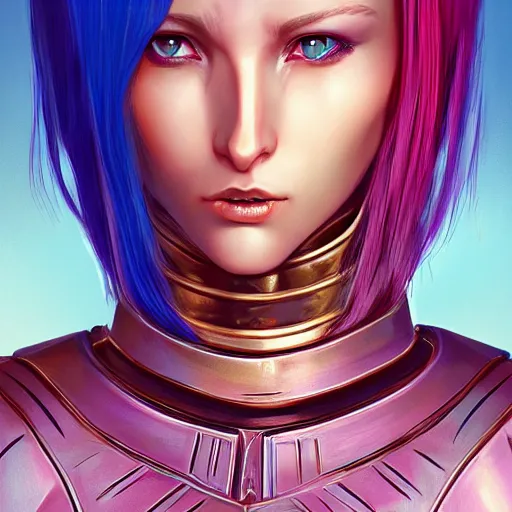 Prompt: a beutifull knight woman , symetrical face , golden armor , blue eyes pupills, pink long haire , highly detailed, digital painting, in the style of ilya kuvshinov and artgerm, high definition digital art