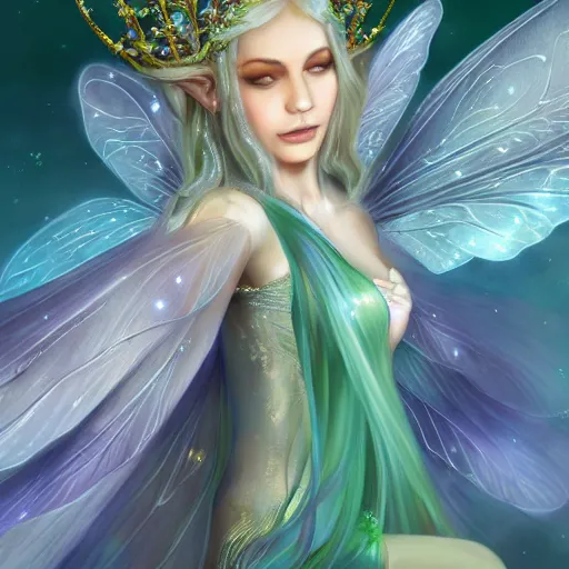 Prompt: detailed portrait of a fairy queen with wings wearing a silk robe, pixie, iris, realism, emerald, galaxy, sapphire,blonde hair going down to the floor, moonlit, , dark fantasy, detailed, magical, fairy, elf, dramatic lighting, cgsociety, artstation