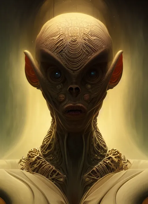 Image similar to symmetry!! portrait of grotesque alien, sci - fi, intricate, elegant, highly detailed, digital painting, artstation, concept art, smooth, sharp focus, illustration, art by artgerm and greg rutkowski and alphonse mucha, 8 k