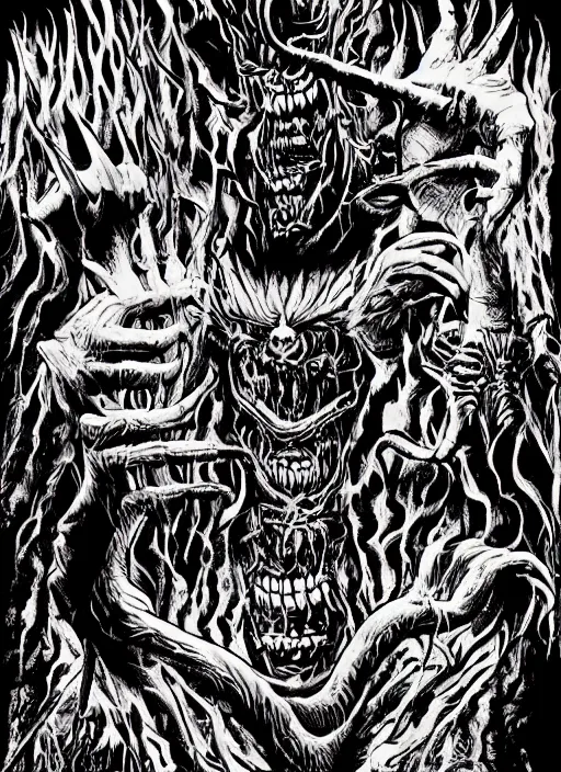 Prompt: Donald Trump's monstrous true form on a 1990s horror movie poster, inking, vintage 90s print, detailed, scary, horror, screen print, trending on artstation