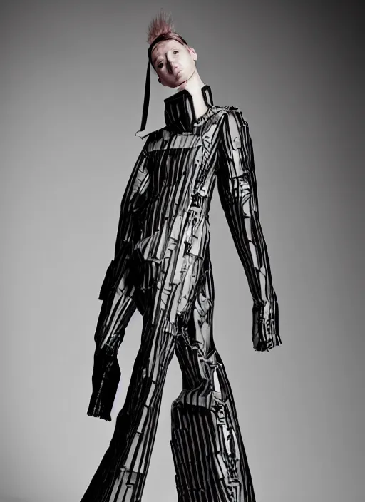 Prompt: a portrait of a model detailed features wearing a cargo latex wedding dress - chic'techno fashion trend lots of zippers, pockets, synthetic materials, jumpsuits. by issey miyake and mitsuo katsui