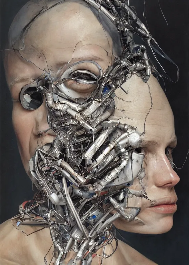 Prompt: cybernetic implants on face, metal jaw, usb port on forehead, portrait by jenny saville