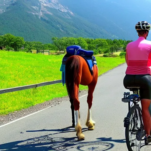 Image similar to horse on bicycle, cycling!!, anthropomorphic, in the mountains