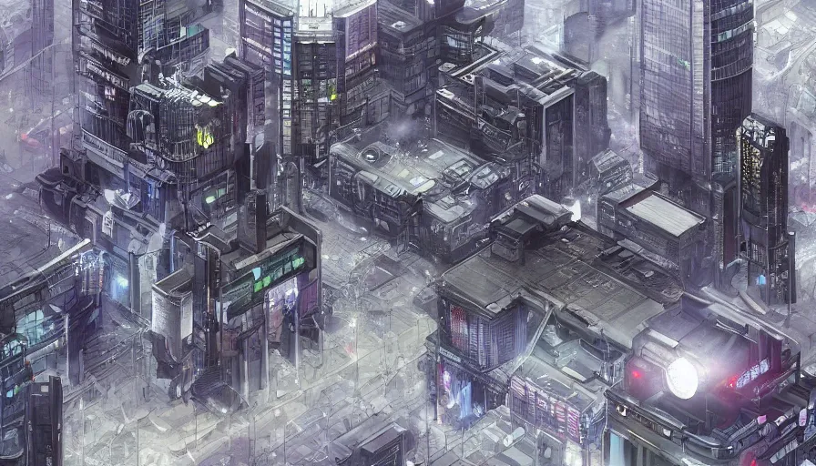 Image similar to Concept Art Illustration of neo-Tokyo Bank Headquarters, in the Style of Akira, Syndicate Corporation, Anime, Dystopian, Highly Detailed, Helipad, Special Forces Security, Blockchain Vault, Searchlights, Shipping Docks, For multiplayer Stealth fps bank robbery simulator, Inspired by MGS2 + Ghost in the shell SAC + Cowboy Bebop :4 by Katsuhiro Otomo : 8