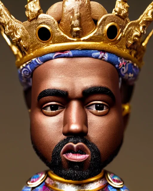 Image similar to highly detailed closeup, face profile portrait of a tin toy kanye west as a fairytale king wearing a crown and sitting on a throne, robes, depth of field, nicoletta ceccoli, mark ryden, lostfish, max fleischer, breathtaking, detailed and intricate environment, 8 k resolution, hyperrealistic, octane render