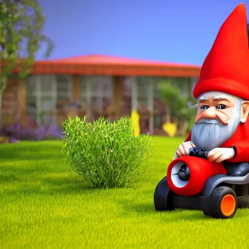 Image similar to gnome wearing red hat sitting on fancy riding lawn mower in backyard afternoon 2019 Pixar render SSAO ray marching black and orange lawn mower designed by Ikuo Maeada