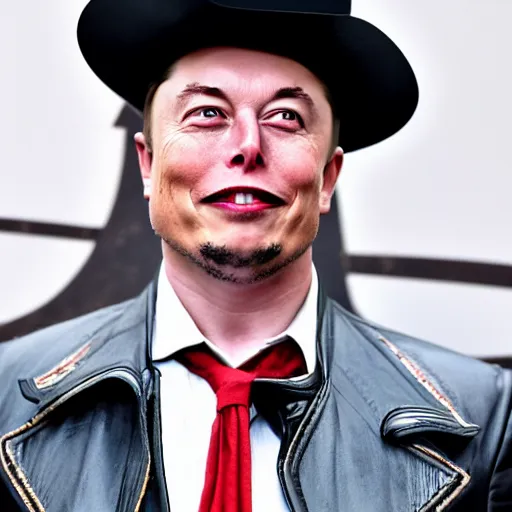 Image similar to photo of elon musk as a musketeer, he has a big black hat with a red feather, he is holding a shiny rapier sword and he is looking straight to the camera