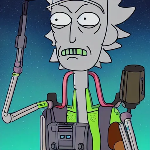 Image similar to portrait of alien rick holding a cybernetic rifle, rick and morty forever and forever a hundred years! g