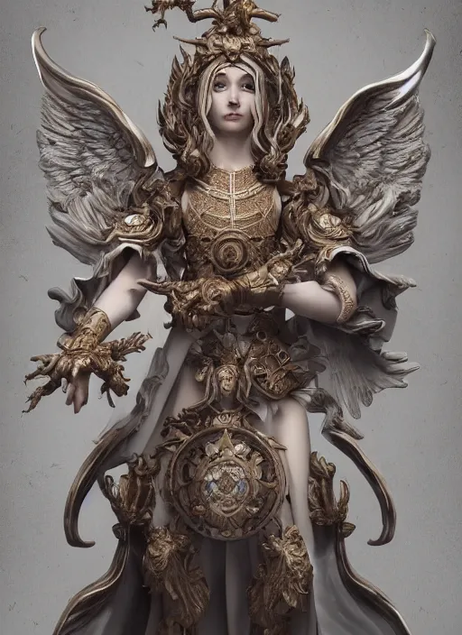 Image similar to high intricate porcelain baroque angelic priest fighting the hell demon, maria panfilova, andrea savchenko, mike kime, ludovic plouffe, qi sheng luo, oliver cook, trending on artstation