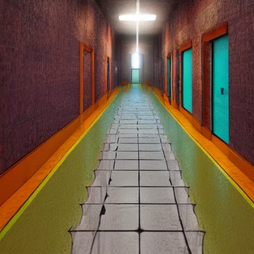 Image similar to a long colorful asylum hallway, one point perspective, vanishing point, symmetrical composition, rich colors, dramatic lighting, by lee madgwick, photorealistic, v - ray render 8 k uhd