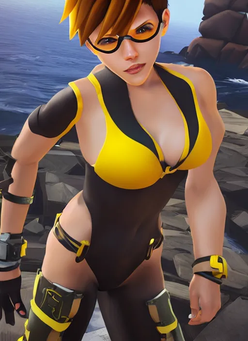 Image similar to tracer game character, in yellow bikini, blonde hair, black eyes, full height