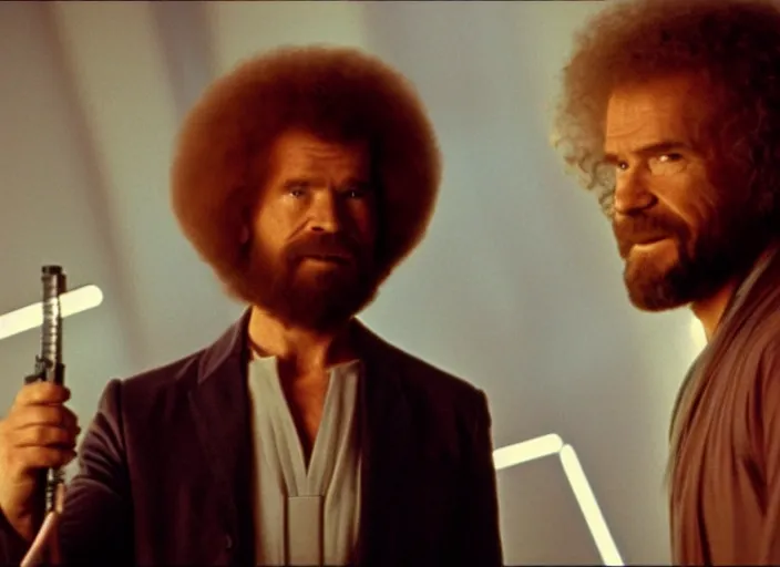 Prompt: screenshot of Bob Ross kneeling before the larger than life glowing blue spirit of qui gon jinn at a hazy lit ancient Jedi cathedral, screenshot from the 1970s star wars thriller directed by stanley kubrick, Photographed with Leica Summilux-M 24 mm lens, ISO 100, f/8, Portra 400, kodak film, anamorphic lenses