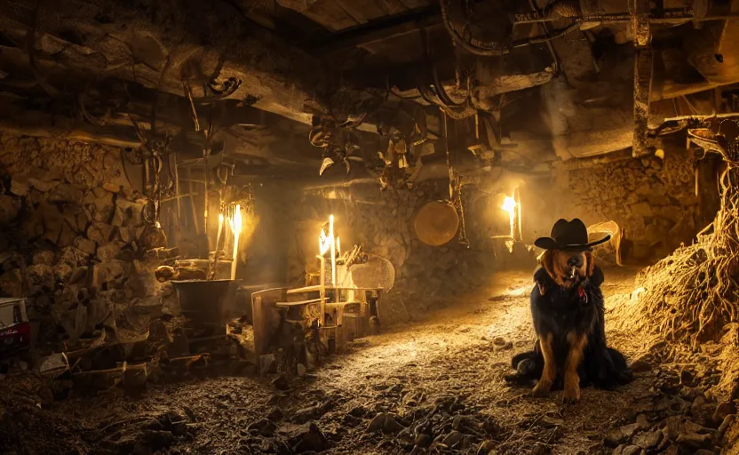 Prompt: a dirty golden retriever in a dimly lit gold mine with large piles of gold nuggets and wearing a black western hat and jacket, dim moody lighting, wooden supports and wall torches and pick axes, cinematic style photograph