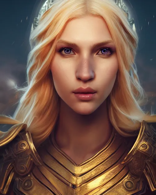 Image similar to Beautiful art portrait of a blond girl as a fantasy warrior in a bright temple, atmospheric lighting, intricate detail, cgsociety, hyperrealistic, octane render, RPG portrait, ambient light, dynamic lighting