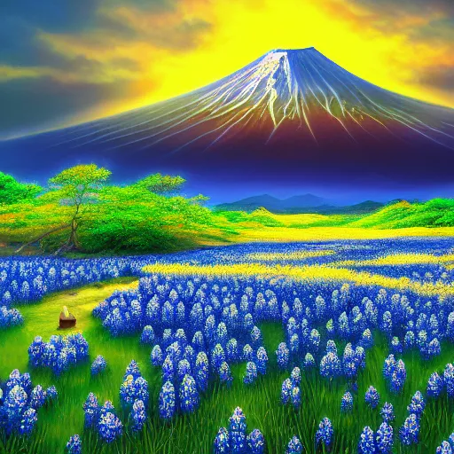 Image similar to a beautiful and detailed picture of mount fuji surrounded by a field of bluebonnets, in the style of magic the gathering, highly detailed, digital painting, god rays, volumetric lighting, octane render, 4 k resolution, art by adam paquette and johann bodin and jason rainville