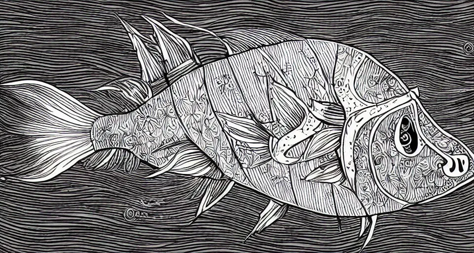 Image similar to illustration of an anglerfish, stylized linework, ornamentation, artistic