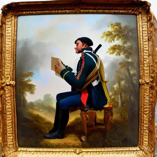 Image similar to ultra realistic painting of a napoleonic soldier sitting on a piano inside of a forest, thick brush strokes, visible paint layers, taken from the back of the soldier.