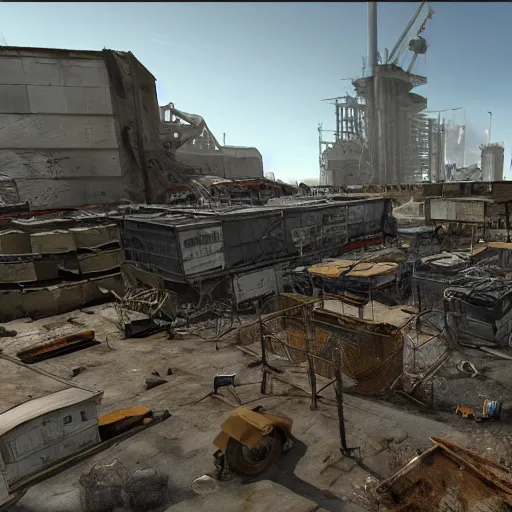 Image similar to post - apocalyptic trading hub viewed from first - person