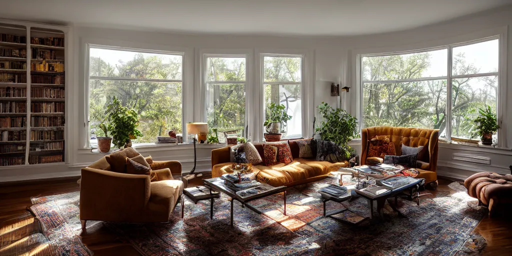 Prompt: insanely detailed wide angle photograph, atmospheric, light bloom, sunlight shining through windows, reflections, award winning contemporary interior design living room, dusk, cozy and calm, fabrics and textiles, colorful accents, brass, copper, secluded, many light sources, lamps, oiled hardwood floors, book shelf, couch, desk, balcony door, plants