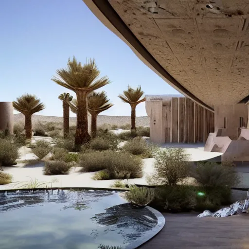 Image similar to brutalism style concept hotel in the desert, biophilia mood, pool, garden, highly detailed, cinematic, photorealistic,